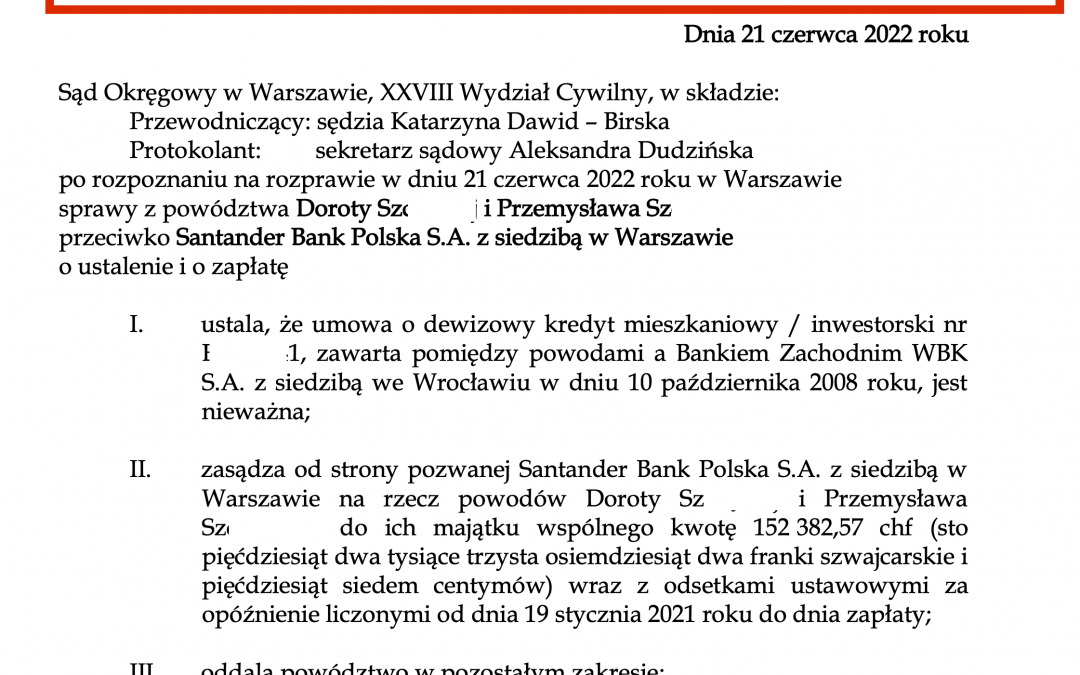Kolejna wygrana sprawa frankowa – Santander Bank Polska – dawny BZWBK